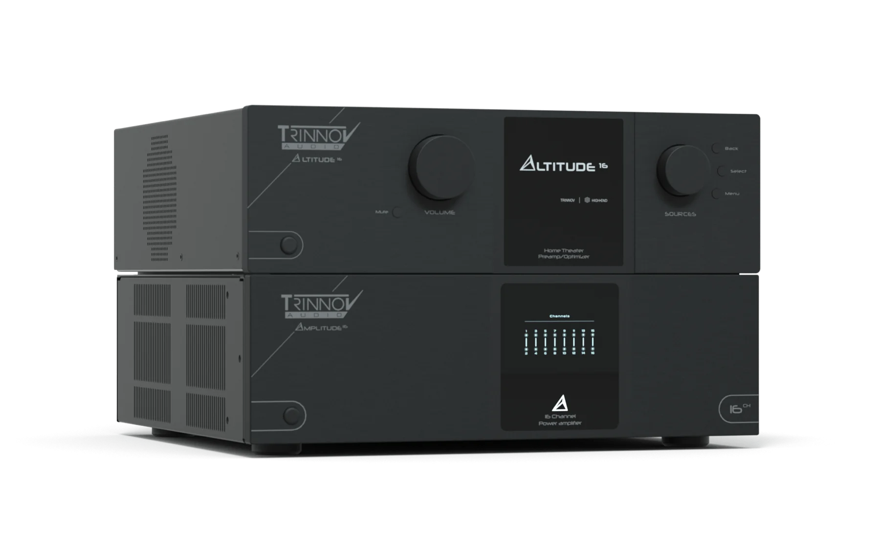 Processeur Trinnov Altitude CI et son amplificateur, empilés en rack.