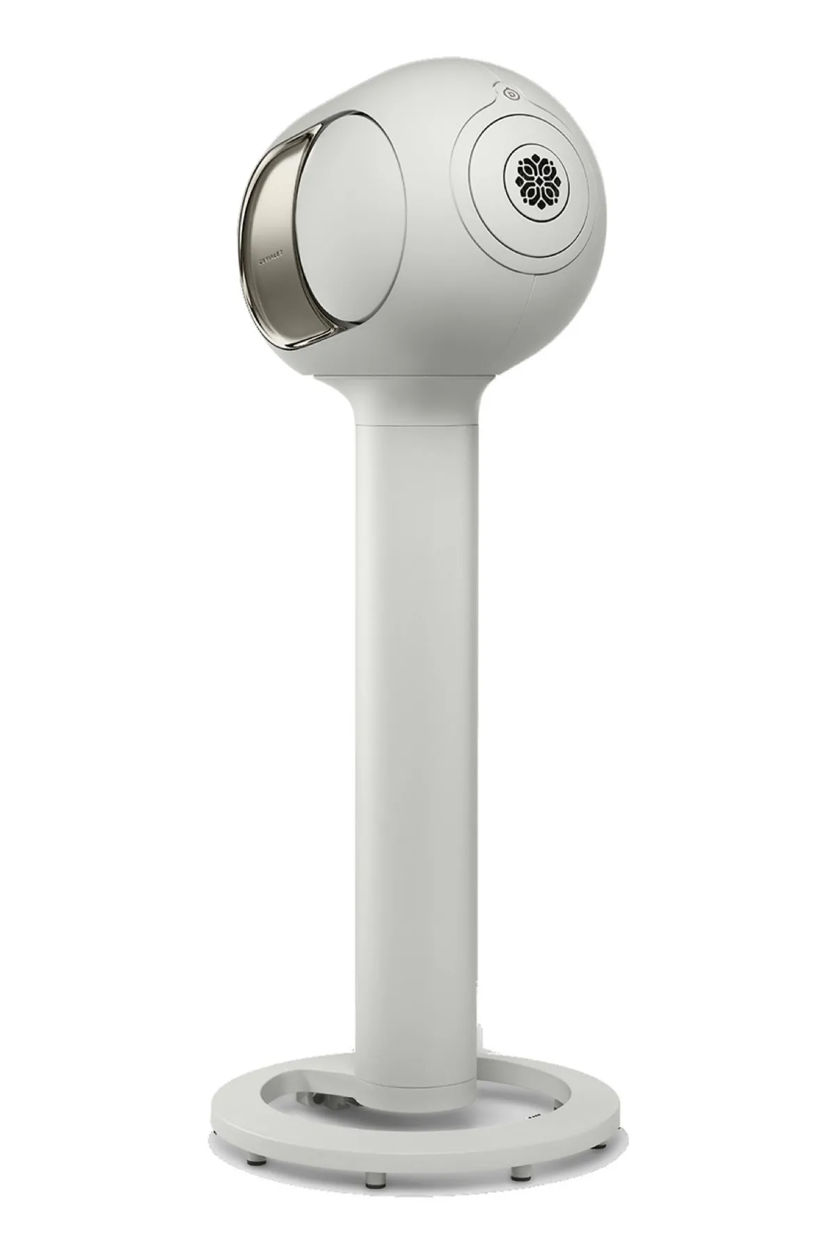 Devialet Phantom Ultimate blanche sur son pied.