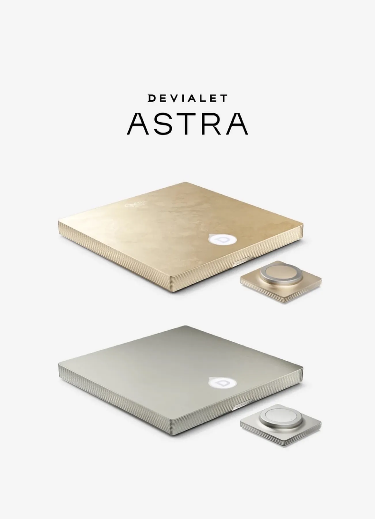 Amplificateurs Devialet Astra en finitions or et argent, avec leurs télécommandes.