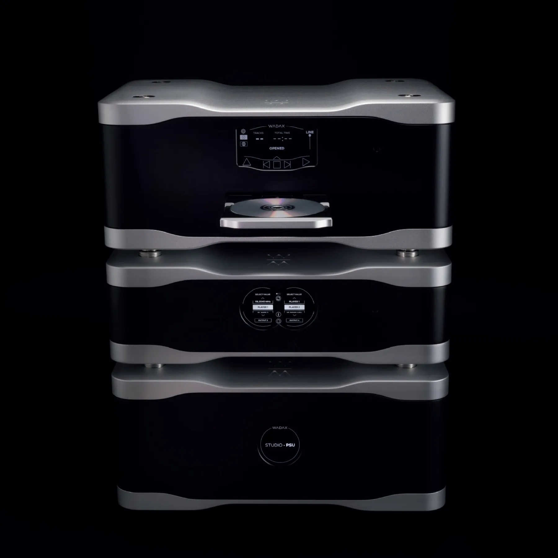 WADAX Studio Player, Studio PSU et Studio Clock empilés.